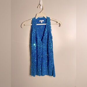 Cache Women’s Sleeveless Blue Sequin Top | Blue Lace Top w/ Blue Sequins | S: XS
